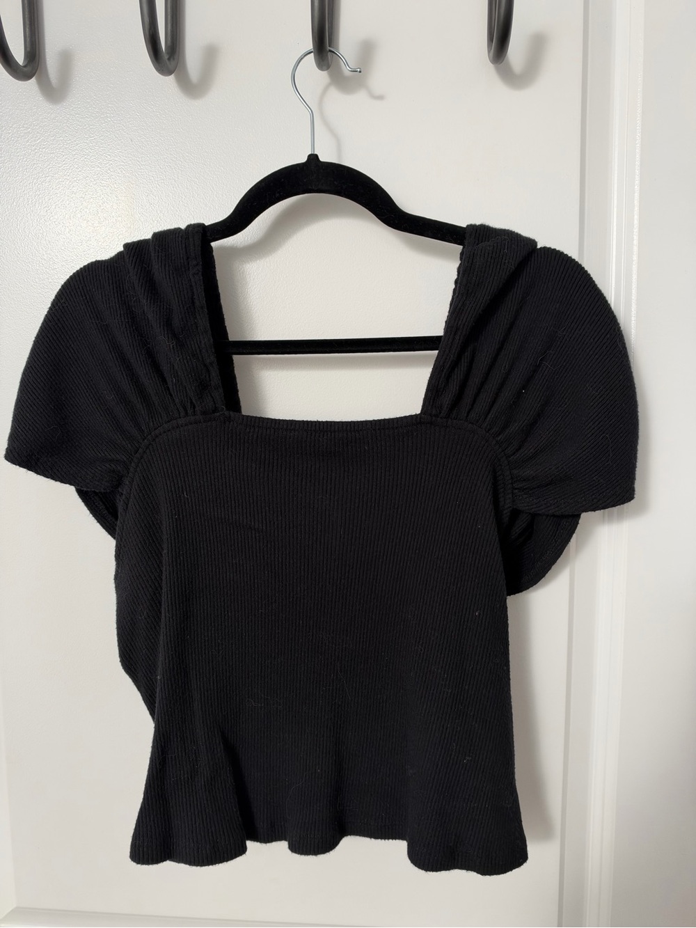 Anthropologie Black Square-Neck Puff Sleeve Ribbed Top